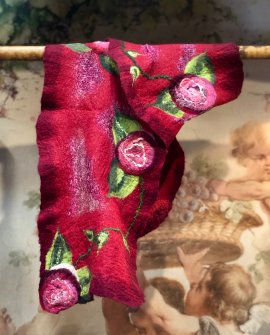 Agnes Foss - Felted Merino Scarf / Wrap - Crimson Roses on Crimson Background 